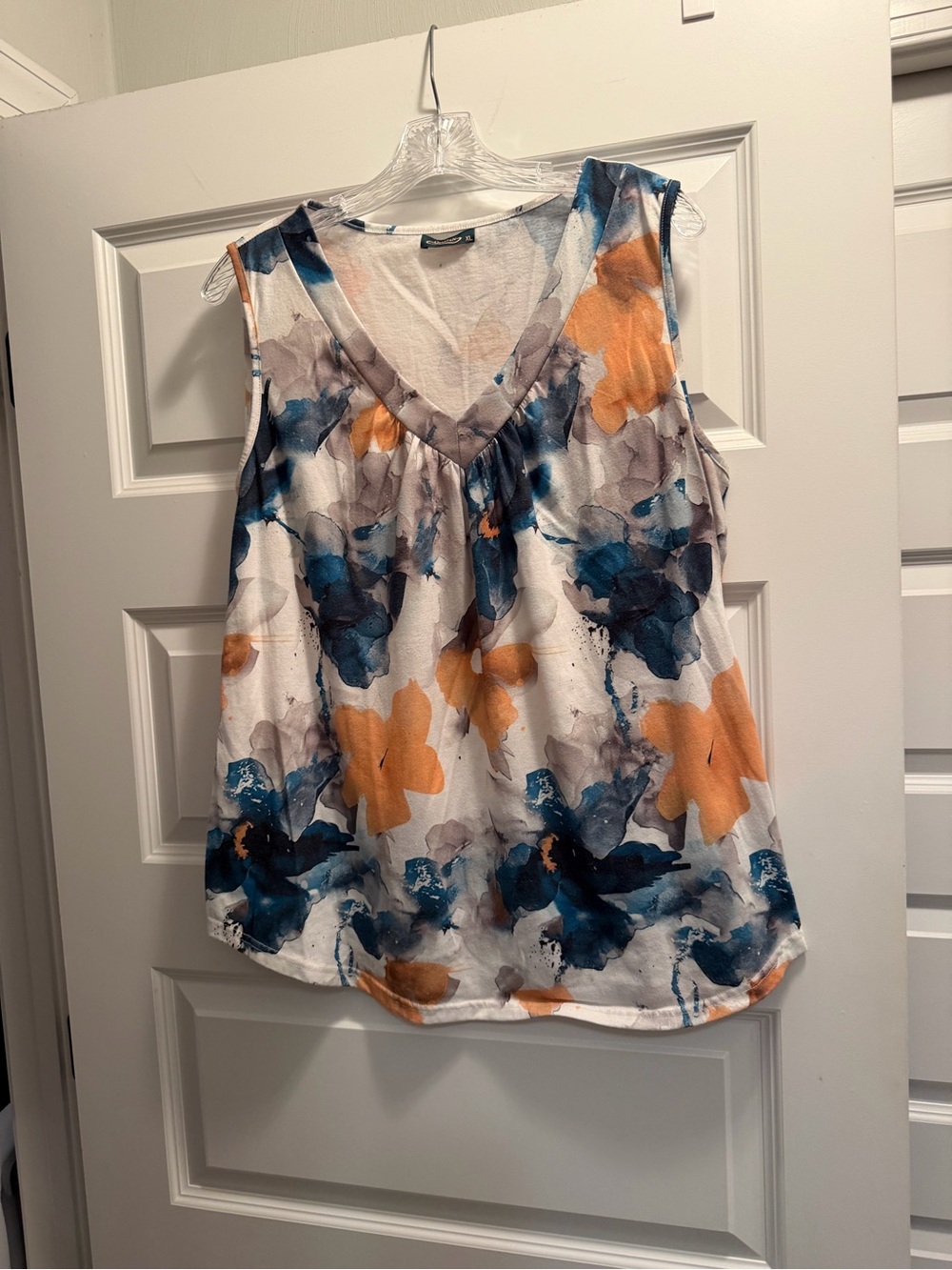 Sleeveless Floral V-Neck Top - White with Blue & Orange